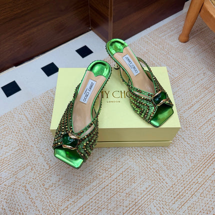 JIMMY CHOO 26S HEEL SANDALS 65 MM IN GREEN METALLIC LEATHER CRYSTAL EMBELLISHED
