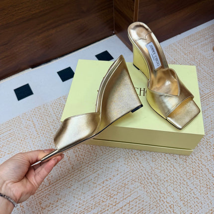 JIMMY CHOO 26S WEDGE SANDALS 95 MM IN GOLD METALLIC CALFSKIN