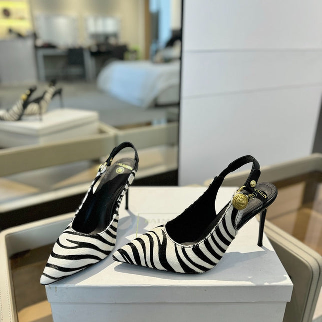 BALMAIN 25S SLINGBACK EVA 95MM IN WHITE AND BLACK ZEBRA PRINT CALFSKIN