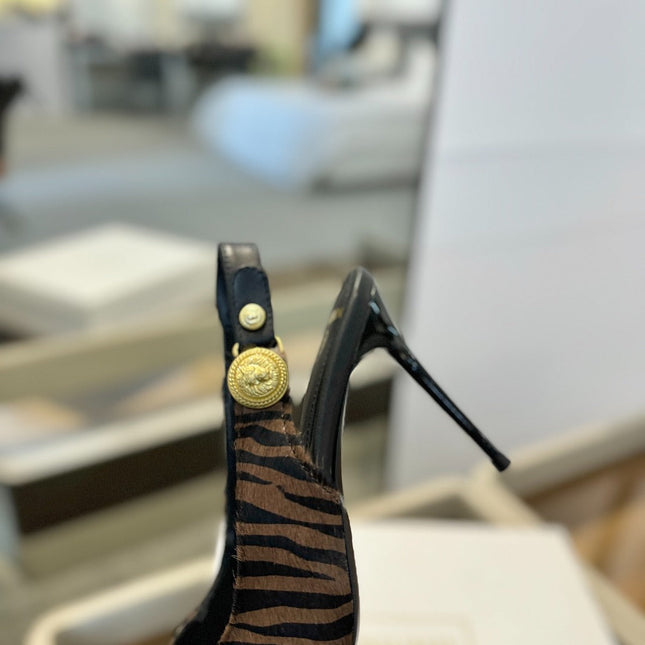 BALMAIN 25S SLINGBACK EVA 95MM IN BROWN AND BLACK ZEBRA PRINT CALFSKIN