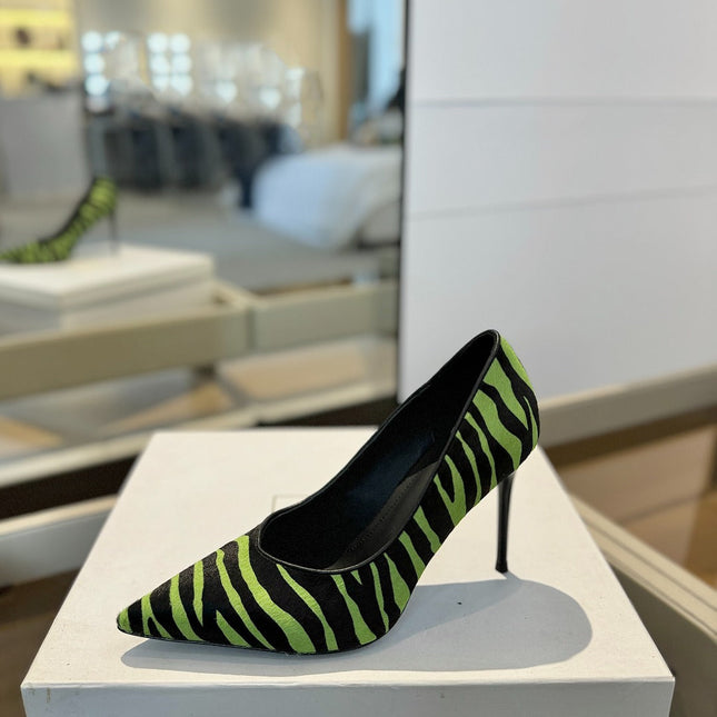 BALMAIN 25S HIGH HEELS 95MM IN GREEN AND BLACK ZEBRA PRINT CALFSKIN
