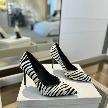 BALMAIN 25S HIGH HEELS 95MM IN WHITE AND BLACK ZEBRA PRINT CALFSKIN