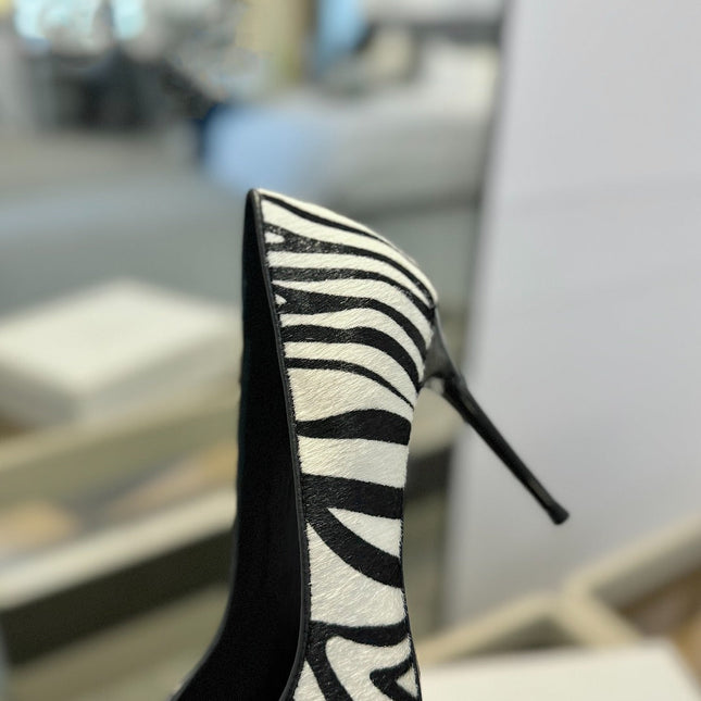 BALMAIN 25S HIGH HEELS 95MM IN WHITE AND BLACK ZEBRA PRINT CALFSKIN
