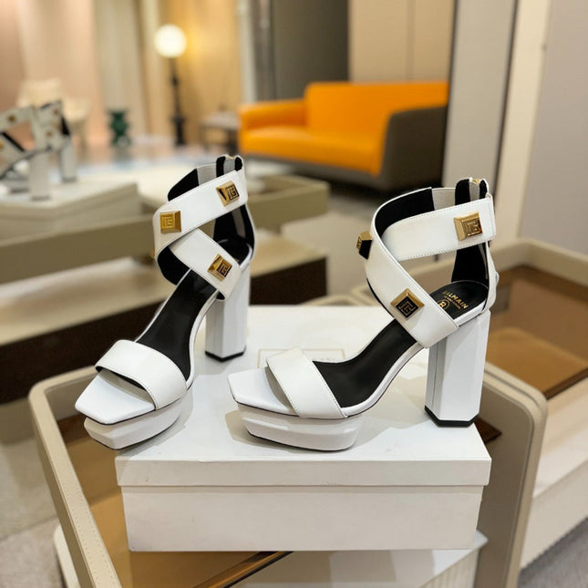 BALMAIN 25S WEDGE HEELS 105MM IN WHITE CALFSKIN GOLD HARDWARE