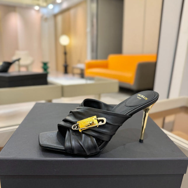 BALMAIN 25S HIGH HEEL SANDALS 95MM IN BLACK CALFSKIN