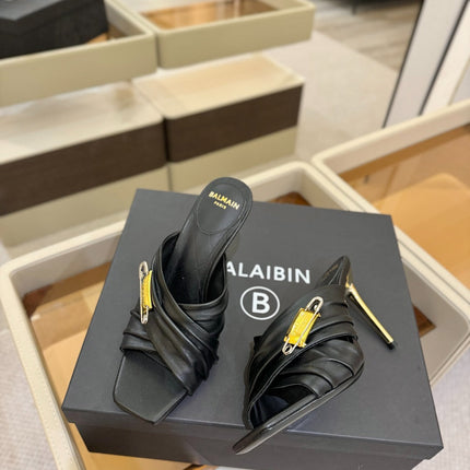 BALMAIN 25S HIGH HEEL SANDALS 95MM IN BLACK CALFSKIN