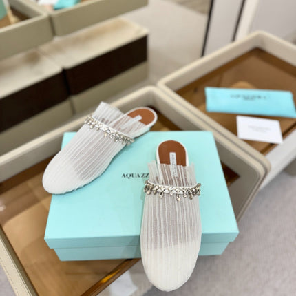 AQUAZZURA 26S FLAT MULES IN WHITE MESH CRYSTAL EMBELLISHMENTS