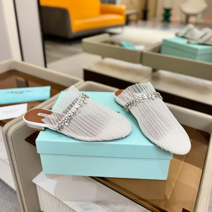 AQUAZZURA 26S FLAT MULES IN WHITE MESH CRYSTAL EMBELLISHMENTS