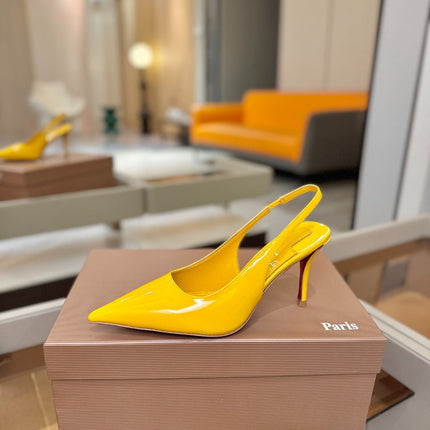 CHRISTIAN LOUBOUTIN 26S SLINGBACK HEELS 85 MM IN DARK YELLOW PATENT CALFSKIN