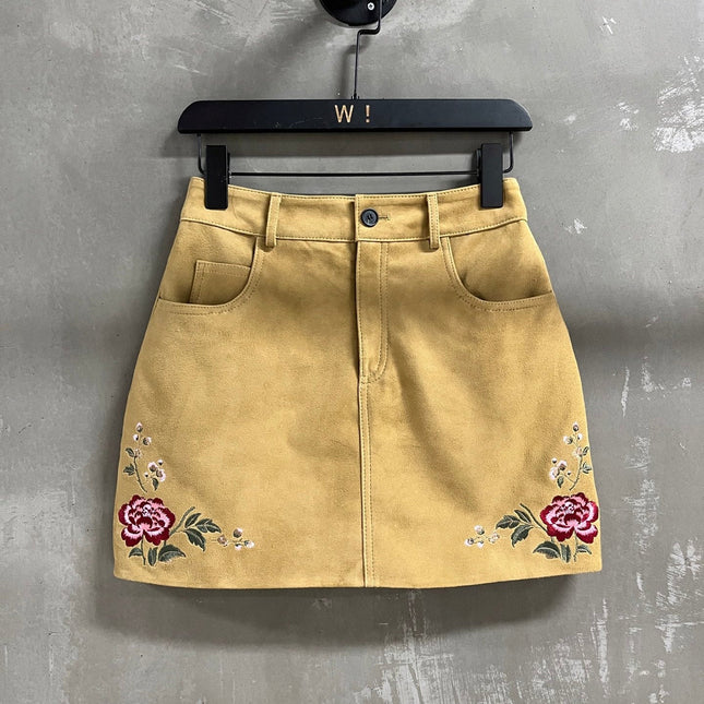 RALPH LAUREN 26S FLORAL-EMBROIDERED SUEDE MINI SKIRT 577