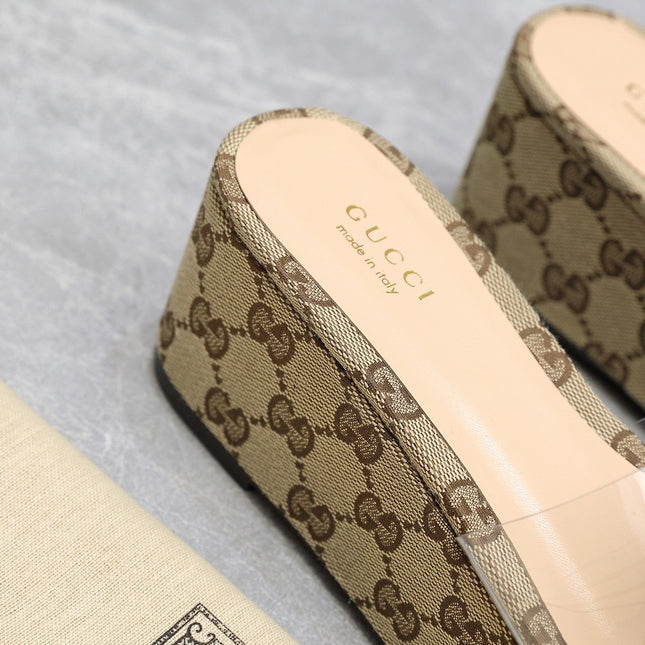 HIGH WEDGE PLATFORM IN CAMEL BEIGE CANVAS WITH DOUBLE CRYSTAL G BUCKLE