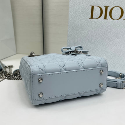 DIOR 26S MINI LADY DIOR BAG 17 IN BABY BLUE CALFSKIN SILVER HARDWARE