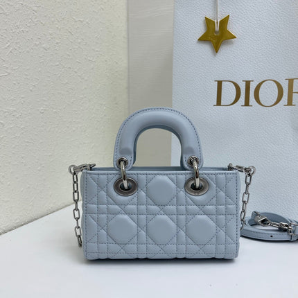DIOR 26S LADY D-JOY MICRO BAG 16 IN LIGHT BLUE CALFSKIN SILVER HARDWARE