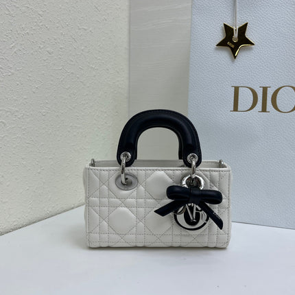 DIOR 26S LADY D-JOY MICRO BAG 16 IN WHITE AND BLACK CALFSKIN SILVER HARDWARE