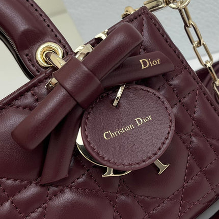 DIOR 26S LADY D-JOY MICRO BAG 16 IN BURGUNDY RED CALFSKIN GOLD HARDWARE