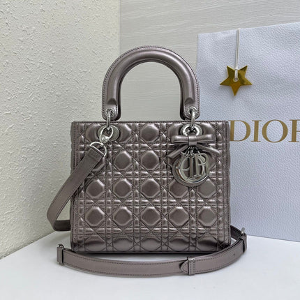 DIOR 26S MEDIUM LADY BAG 24 IN METALLIC ROSE GOLD CALFSKIN SILVER HARDWARE