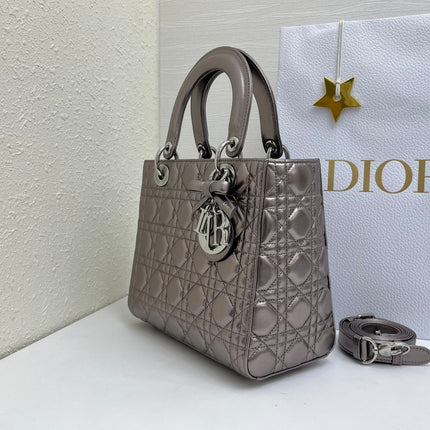 DIOR 26S MEDIUM LADY BAG 24 IN METALLIC ROSE GOLD CALFSKIN SILVER HARDWARE