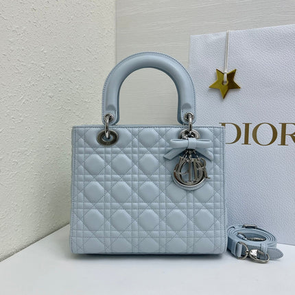 DIOR 26S MEDIUM LADY BAG 24 IN LIGHT BLUE CALFSKIN SILVER HARDWARE