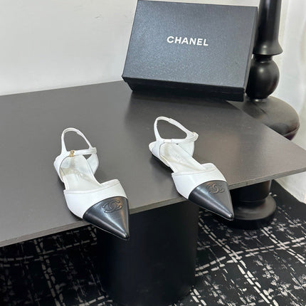 CHANEL 26S FLAT SLINGBACK IN WHITE AND BLACK POINTED-TOE LAMBSKIN
