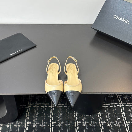 CHANEL 26S POINTED-TOE SLINGBACKS IN BEIGE AND BLACK LAMBSKIN