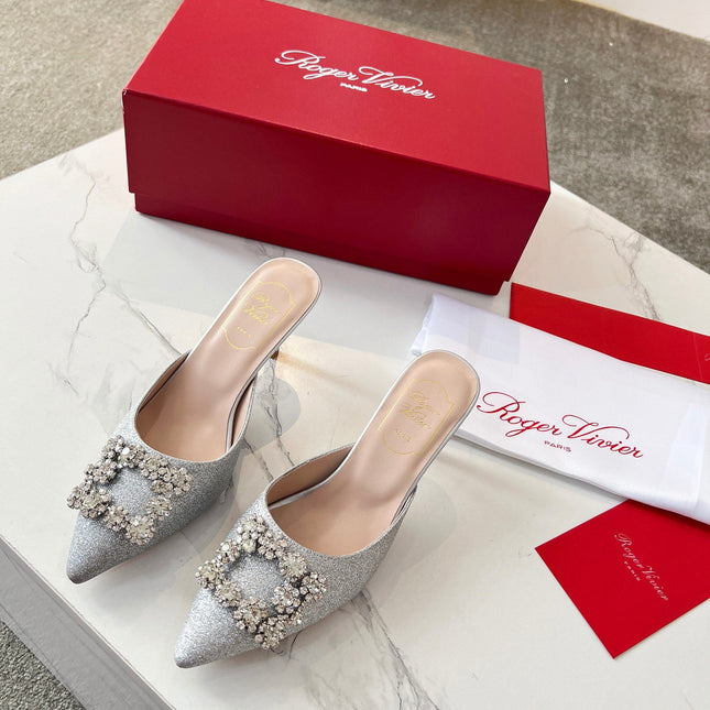 EFFLORESCENCE MULES IN SILVER SATIN EMBELLISHED GLITTER