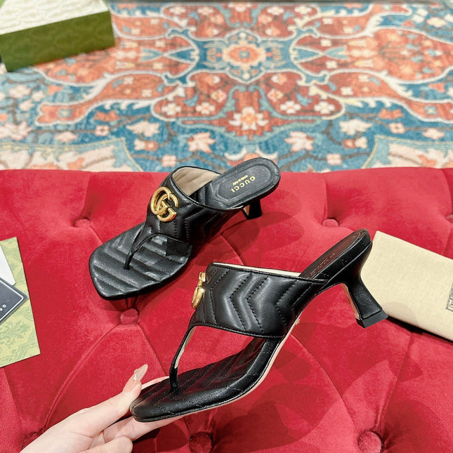 HIGH THONG MULE 55MM IN BLACK CALFSKIN WITH GOLD HARDWARE