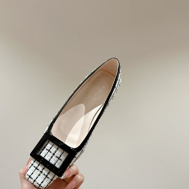 TROMPETTE BALLERINAS IN WHITE TWEED WITH BLACK STRIPES