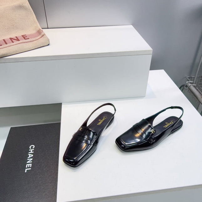 CHANEL 26S SLINGBACK FLATS IN BLACK PATENT LAMBSKIN