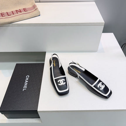 CHANEL 26S SLINGBACK FLATS IN BLACK CALFSKIN WITH WHITE PATENT