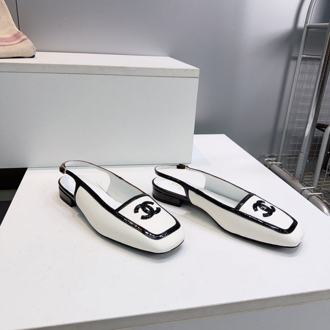CHANEL 26S SLINGBACK FLATS IN WHITE CALFSKIN WITH BLACK PATENT