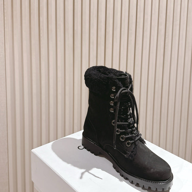 CELINE 25S KURT LACE UP MID BOOT IN BLACK FULL SUEDE AND SHEARLING