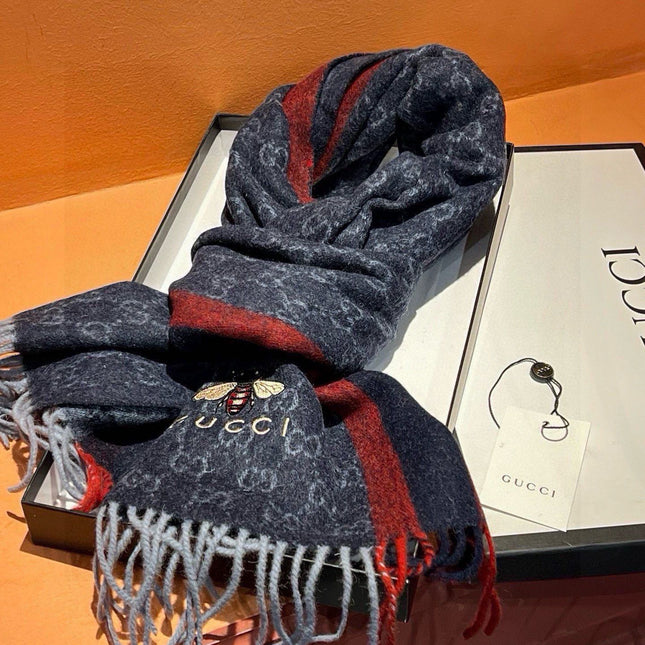 SCARF 180 CM IN NAVY BLUE CASHMERE WITH BEE PATTERN 396476