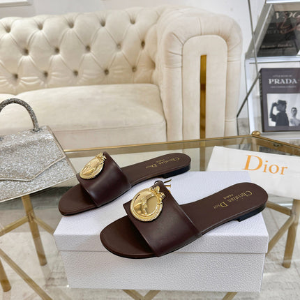 DIOR 26S  FLAT SLIDE SANDALS IN DARK BROWN CALFSKIN WITH GOLD HARDWARE