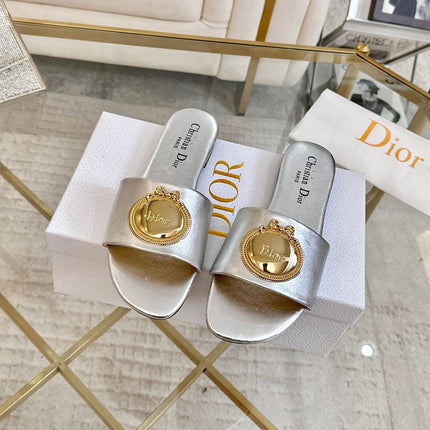 DIOR 26S  FLAT SLIDE SANDALS IN SILVER CALFSKIN WITH GOLD HARDWARE