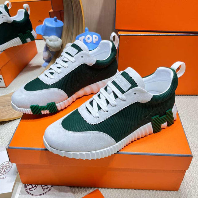 BOUNCING SNEAKER IN PALE GRAY SUEDE AND GREEN FOREST KNIT