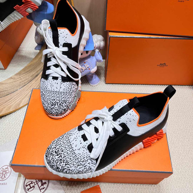DEPART SLIP-ON SNEAKER IN WHITE MIX BLACK KNIT AND BLACK CALFSKIN
