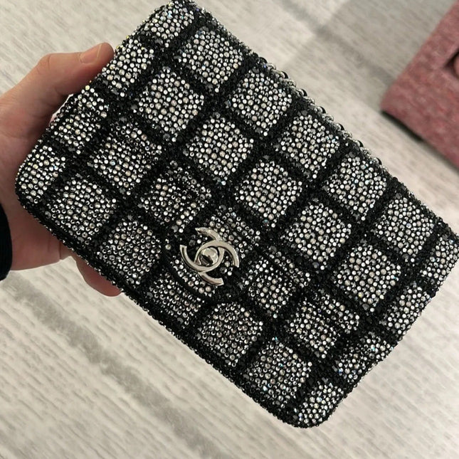 CHANEL 26S CLASSIC FLAP BAG 20 IN BLACK AND SILVER CRYSTAL