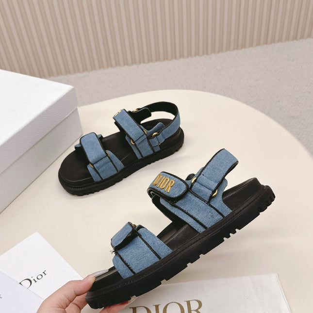 DIOR BACK-STRAP SANDALS 25S IN BLUE DENIM AND BLACK CALFSKIN WITH GOLD HARDWARE