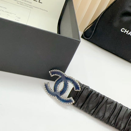 CC 30 MM ELASTIC BELT IN BLACK CALFSKIN SILVER MIX BLUE HARDWARE