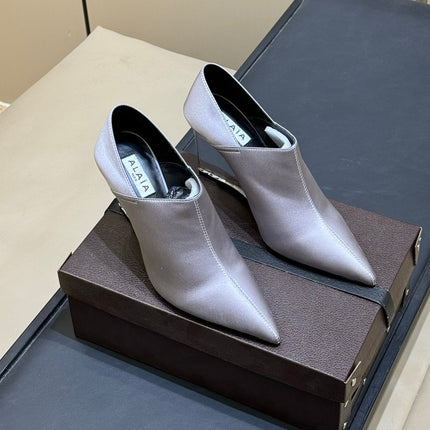 ALAIA 26S TRANSPARENT HIGH HEELS IN LAVENDER GRAY SATIN