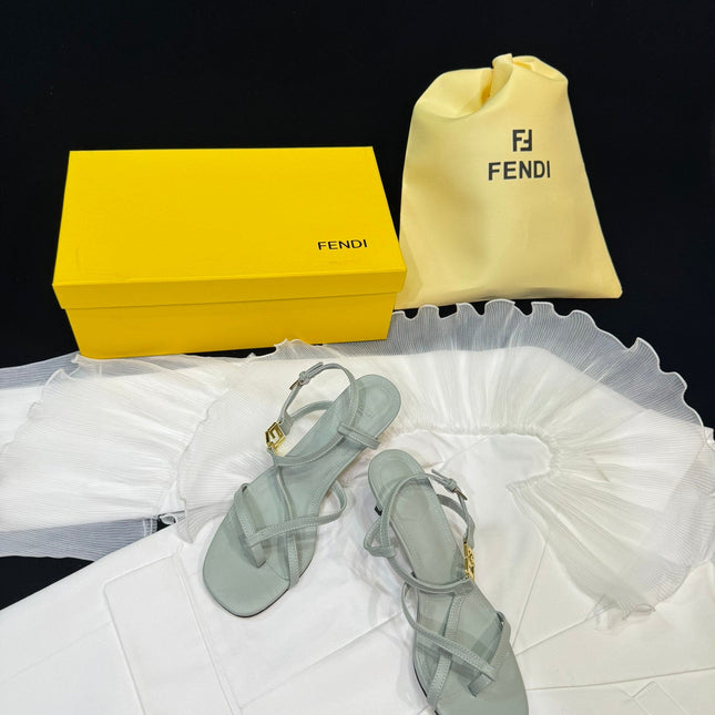 FENDI FFOLD MEDIUM-HEELED 55 MM SANDALS IN ASH GREY LAMBSKIN WITH GOLD HARDWARE