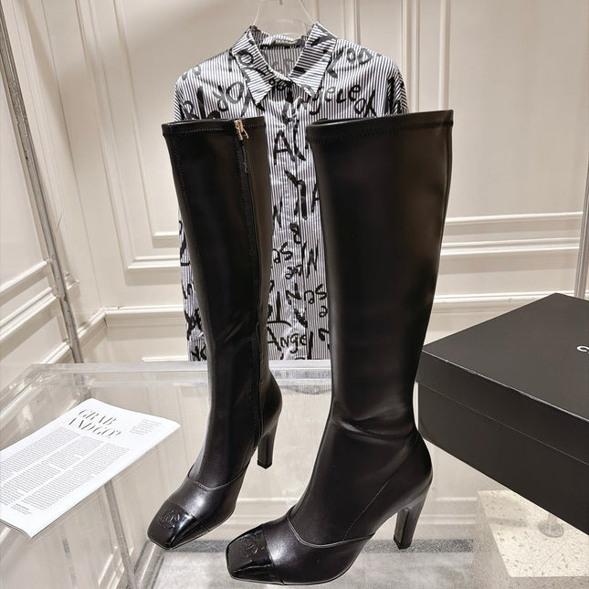 CHANEL 26S HIGH HEEL KNEE HIGH BOOTS 80 MM IN BLACK CALFSKIN AND PATENT LEATHER