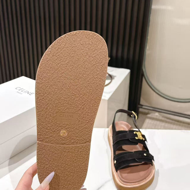 CELINE 25S TIPPI TRIOMPHE SANDAL IN BLACK CALFSKIN SUEDE