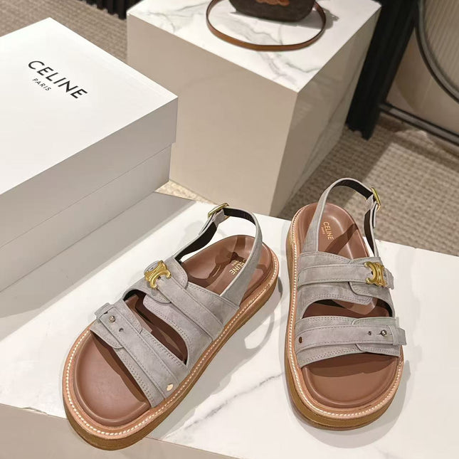CELINE 25S TIPPI TRIOMPHE SANDAL IN LIGHT GRAY CALFSKIN SUEDE