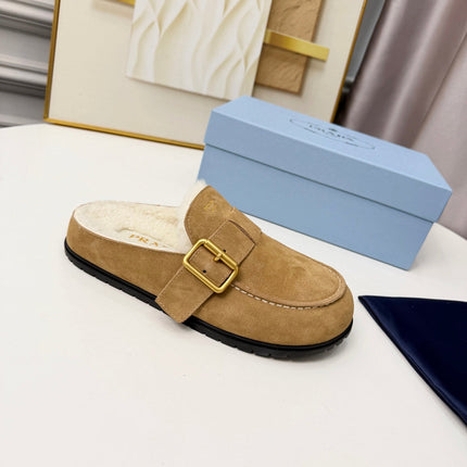 PRADA 26S SHEARLING-LINED MULES IN WARM BEIGE SUEDE