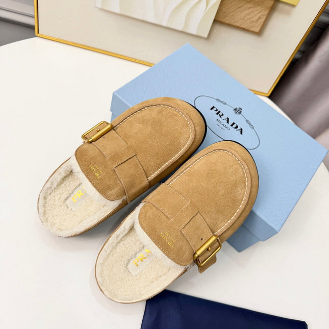 PRADA 26S SHEARLING-LINED MULES IN WARM BEIGE SUEDE