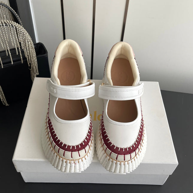 CHLOE 26S MARY JANE SNEAKERS IN WHITE CALFSKIN MIX DARK RED SUEDE