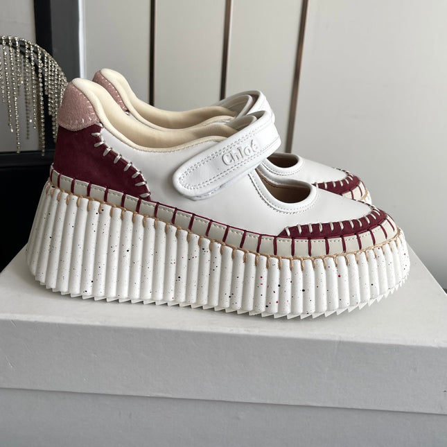 CHLOE 26S MARY JANE SNEAKERS IN WHITE CALFSKIN MIX DARK RED SUEDE
