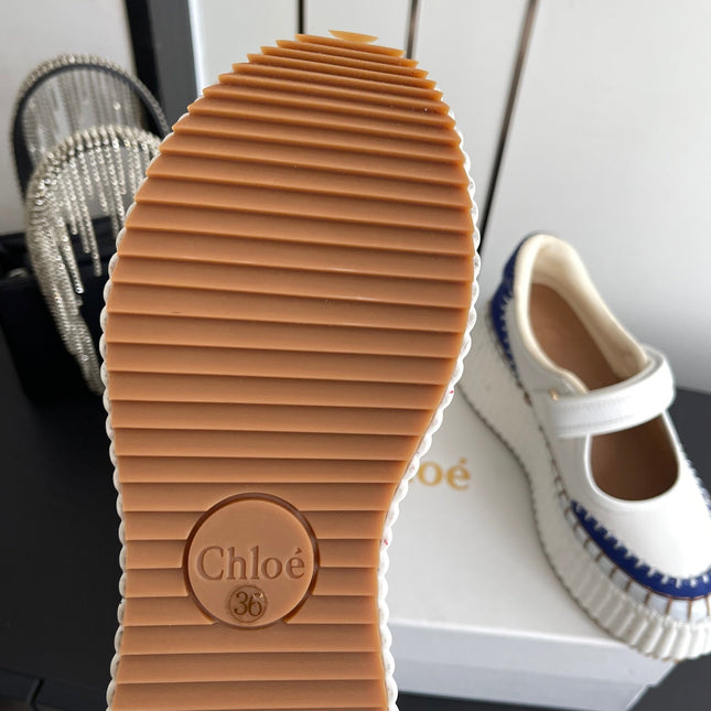 CHLOE 26S MARY JANE SNEAKERS IN WHITE CALFSKIN AND BLUE SUEDE