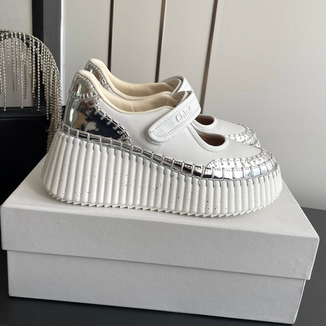 CHLOE 26S MARY JANE SNEAKERS IN WHITE AND SILVER CALFSKIN